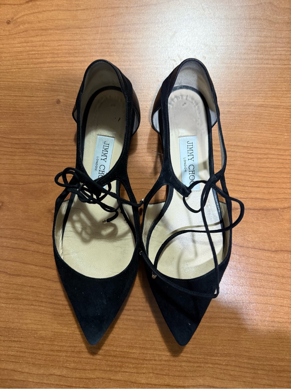 Jimmy Choo Black Suede Pointed Lace-Up Flats